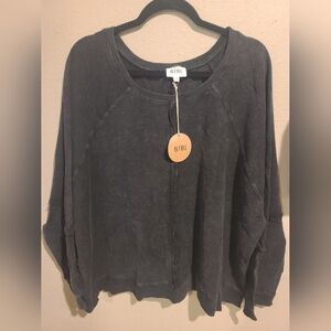 BIBI Women's Mineral Wash Thermal & French Terry Black Charcoal Top Sz L